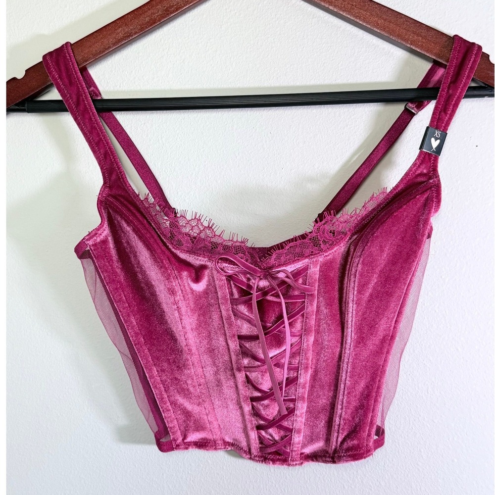 Victoria's Secret Womens XS Pink Velvet Lace Up Corset Top Bustier Glam Coquette